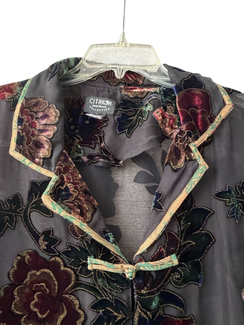 Citron Santa Monica Velvet Burnout Devoré Blouse Floral Frog Closure Size L - Picture 2 of 10